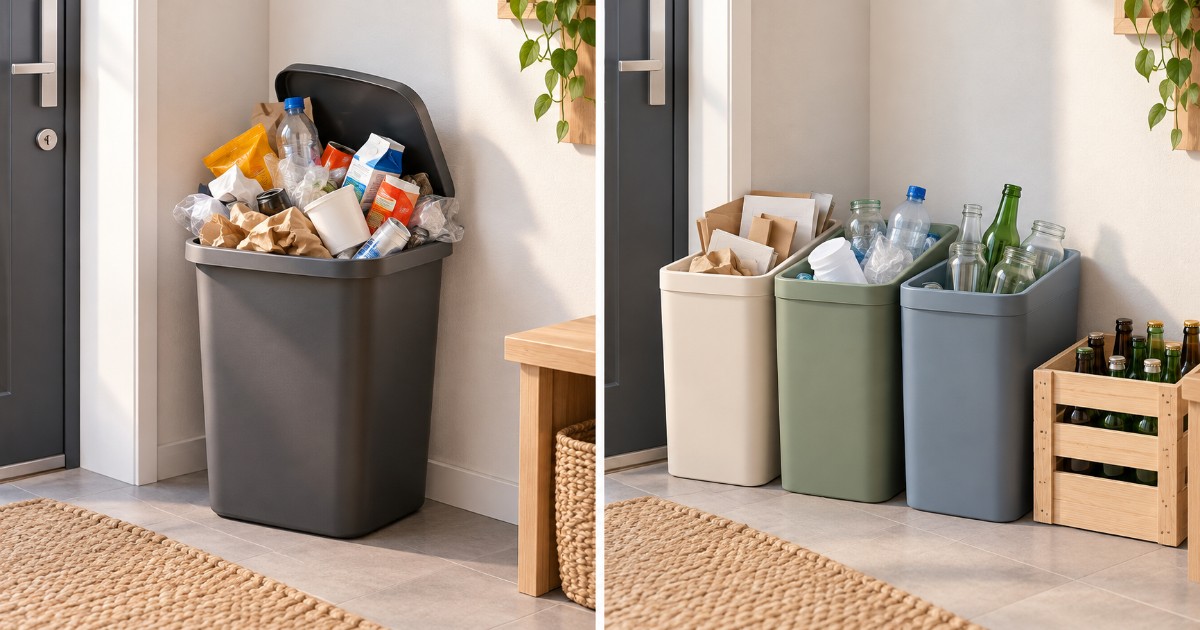Kout předsíně před a po: přeplněný koš vlevo a uspořádané nádoby na papír, plast a sklo vpravo