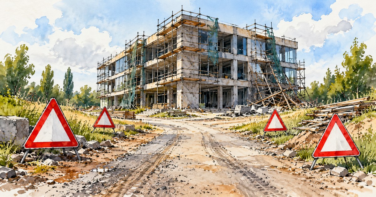 Výstražné trojúhelníky u cesty k rozestavěné budově s opuštěným lešením